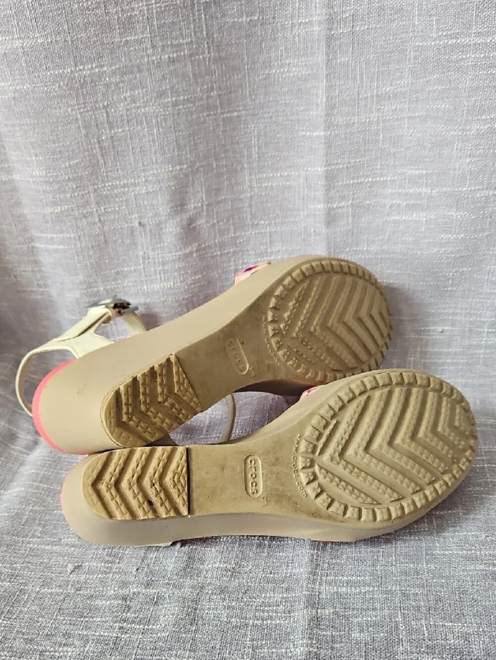 CROCS Pink Floral Wedge Sandals with Cream Ankle Strap